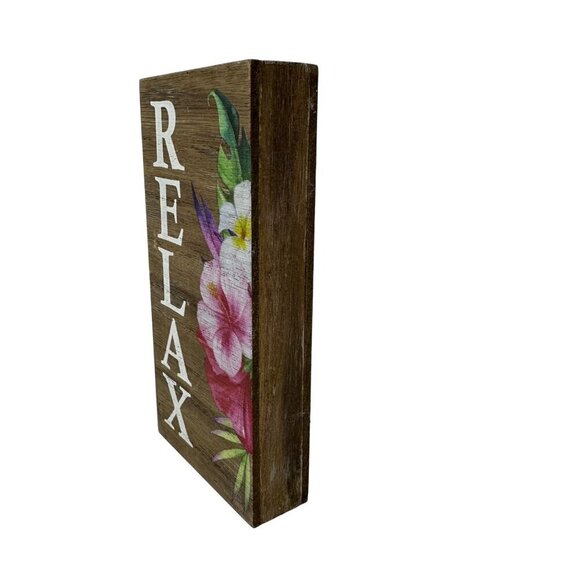 Relax Wooden Block Sign Floral Collins Tabletop Decor Motivational Tropical - Picture 3 of 8